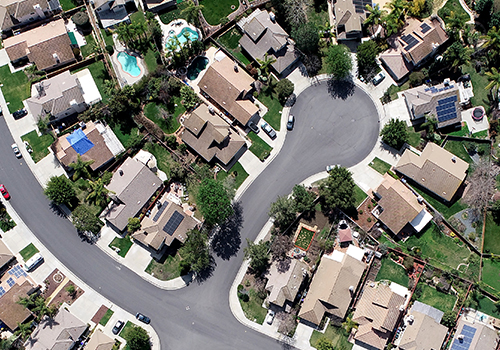 aerial view of cul-de-sac neighborhood