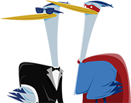 Illustrated herons in suit and super hero cape