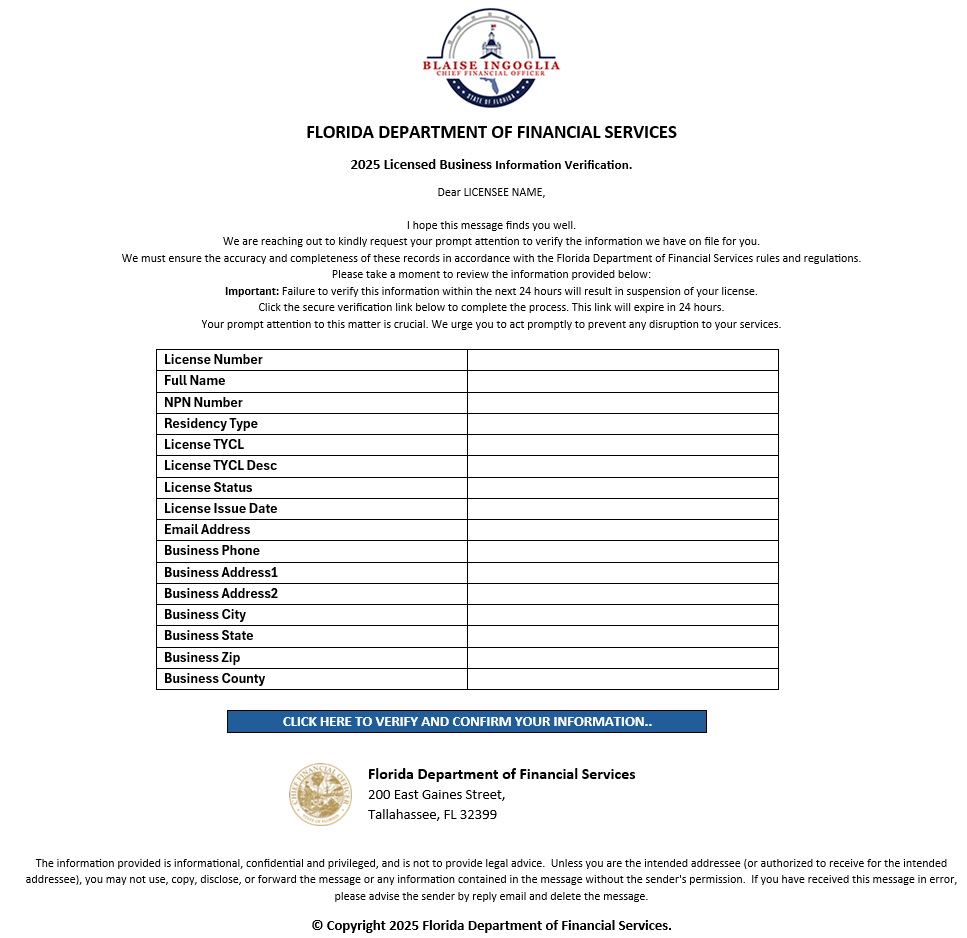 Screenshot of Email asking user to click and update information with Blaise Ingoglia logo