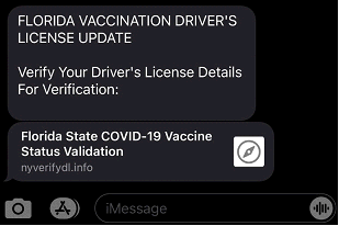 Text Message COVID-19 Driver's License Scam Example