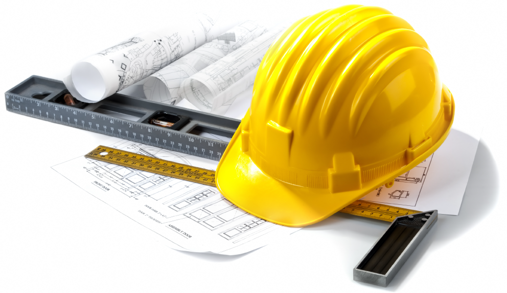 Contractor hard hat with plans and measuring tape