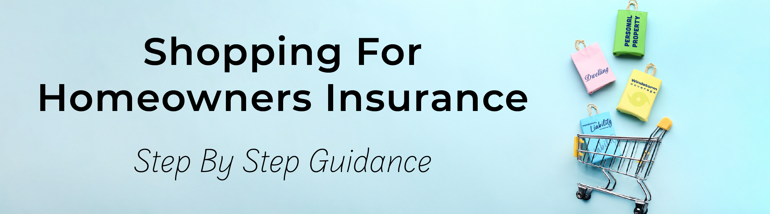 Shopping cart full of shopping bags labeled with insurance coverage types. Shopping For Insurance Step By Step Guidance