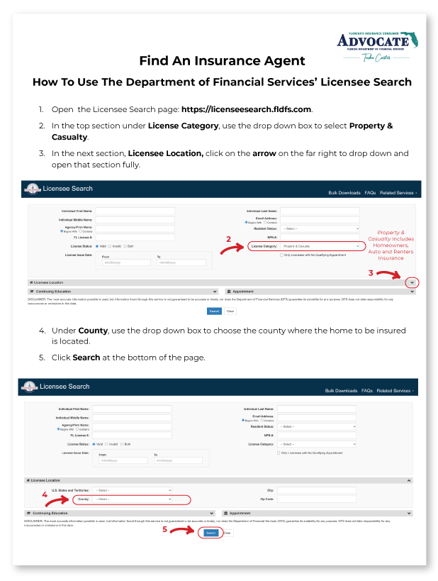 Screenshot of the Licensee Search Instructions PDF