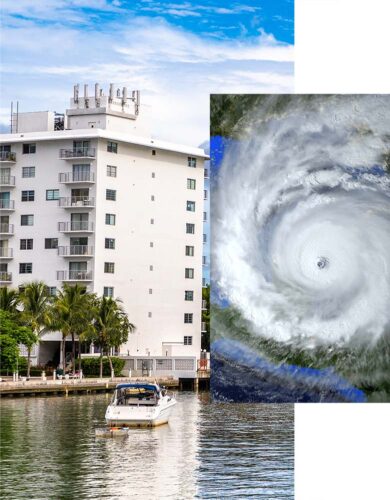 A picture of a condo with a picture of a hurricane overlapping it
