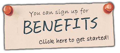 sticky note that says you can sign up for benefits, click here to get started