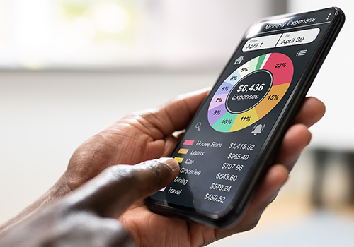 Dark skinned hands holding a mobile phone with pie chart of monetary expenses