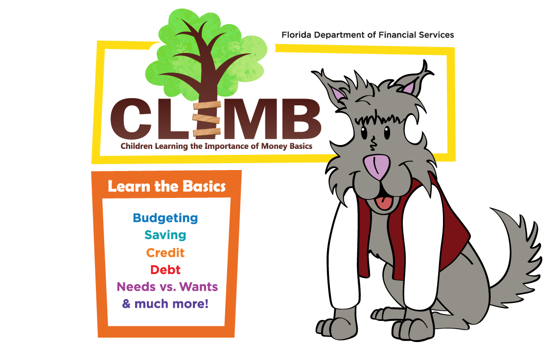 Cartoon Dog sitting in front of Climb logo