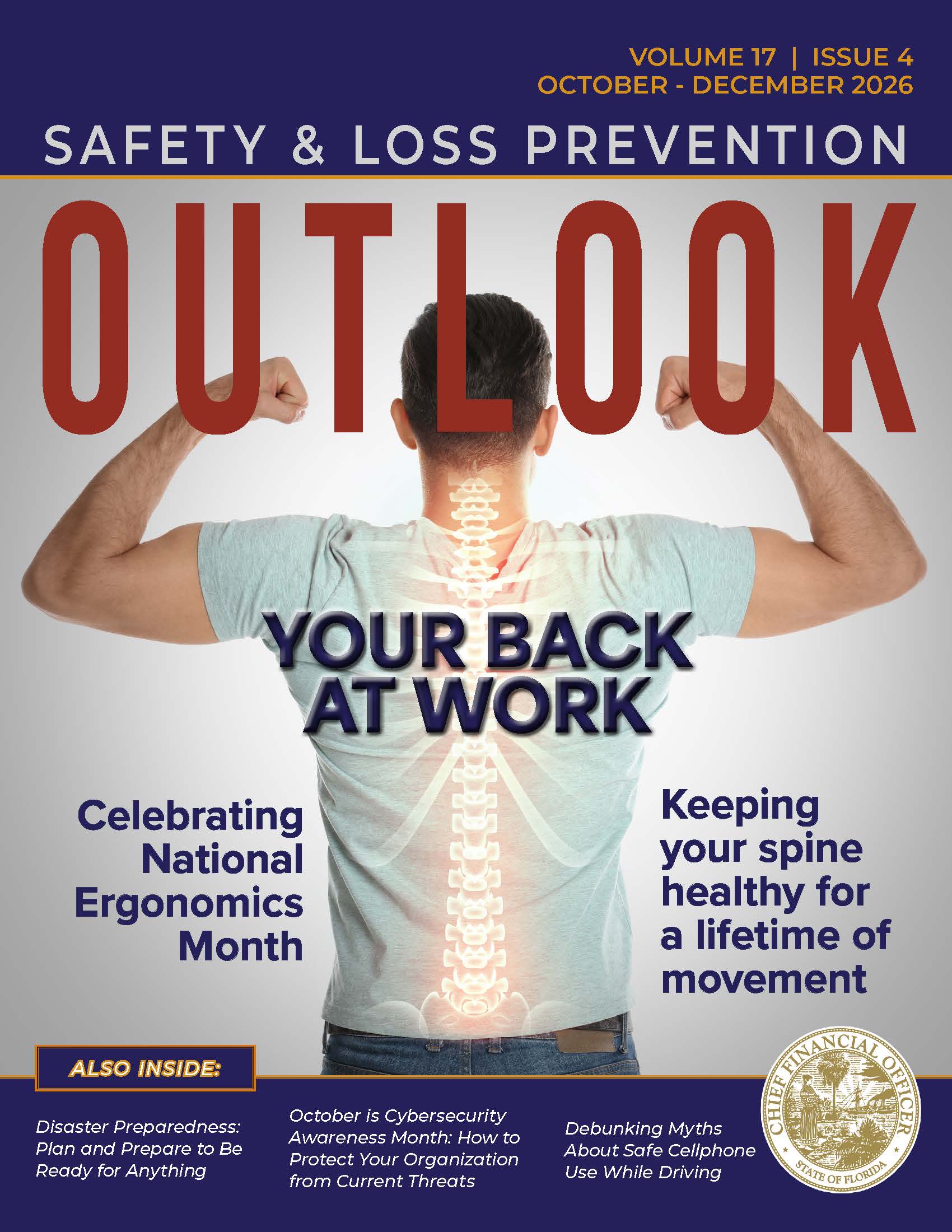 OUTLOOK Volume 17 Issue 4, October-December 2026 A person wearing a light gray t-shirt and jeans is flexing their arms with a glowing illustration of a spine and ribcage superimposed on their back. Description generated by AI.