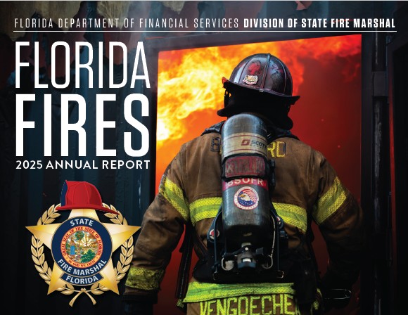 Cover of 2026 Annual Report with a fireman facing a burning building