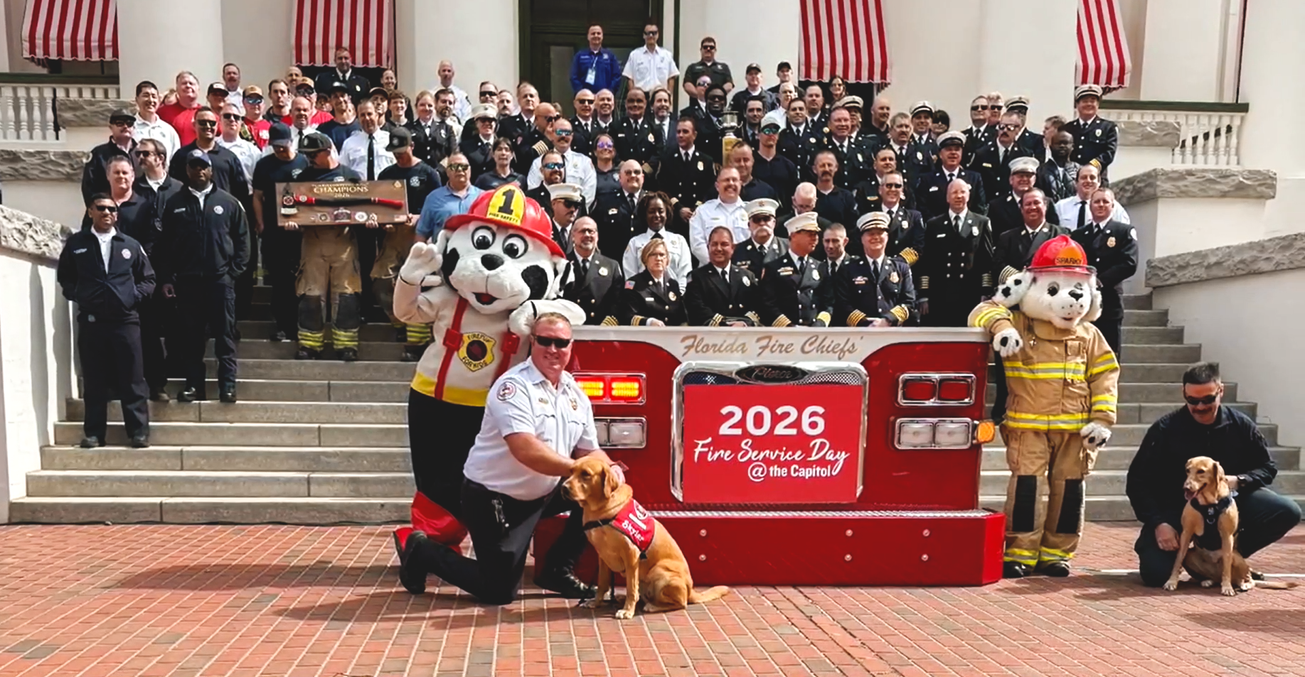 26FireServiceDaygroup Firefighters standing on the steps of Florida's Old Capitol in celebration of Fire Service Day 2026